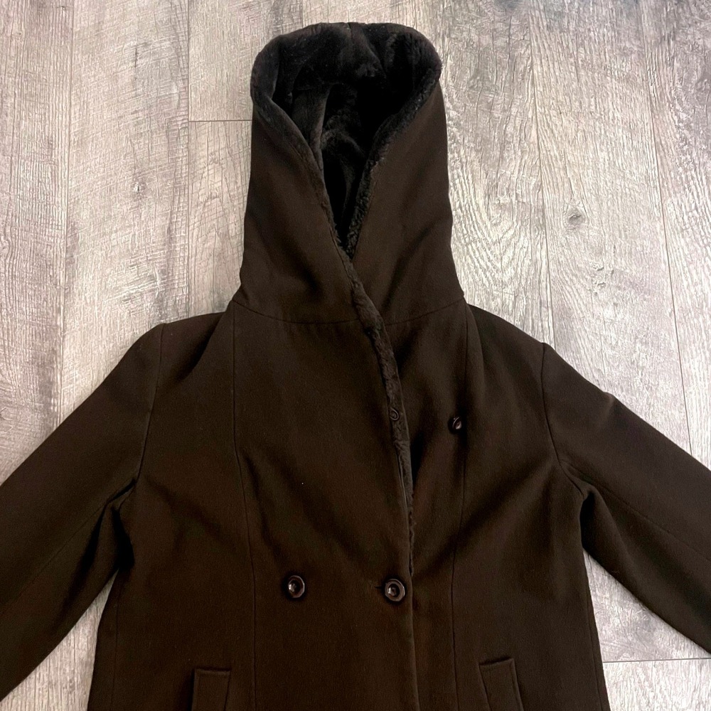 Donnybrook Dark Brown Wool Blend Faux Fur Lined Hooded Double Breasted Coat 12 - Picture 4 of 9
